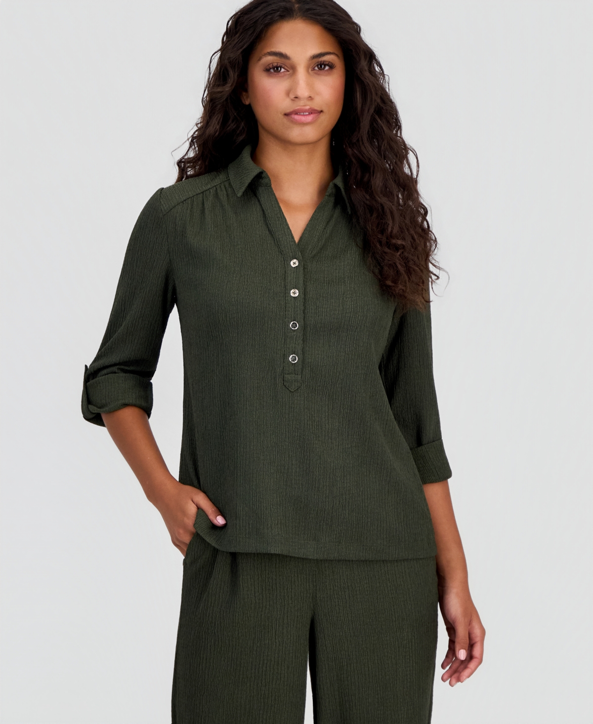 Anne Klein Essentials Petite Collared Roll-Tab-Sleeve Shirt
