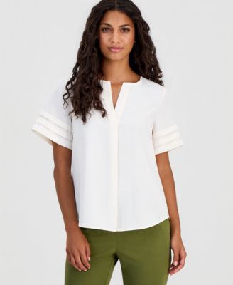 Petite Pleated-Sleeve Split-Neck Top