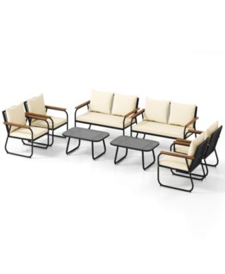Set Of 8 Patio Furniture Set w/Tempered Glass Coffee Table PE Wicker Rattan Chairs