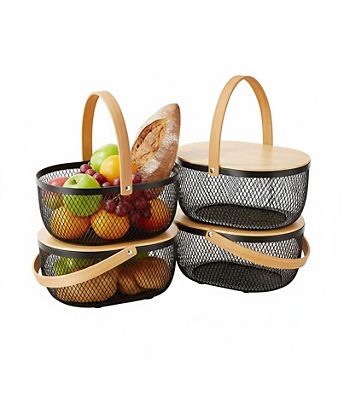 4 Stackable Metal Mesh Fruit Baskets With Lids Oval Wire Storage Handles Pantry Organizer For Kitchen Vegetables