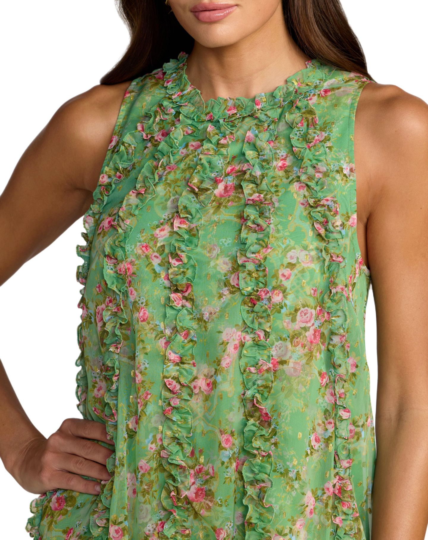 Женское платье Mac Duggal Sleeveless Floral Chiffon Midi Dress with Ruffles, цвет: Шалфейный разноцветный — фото 6