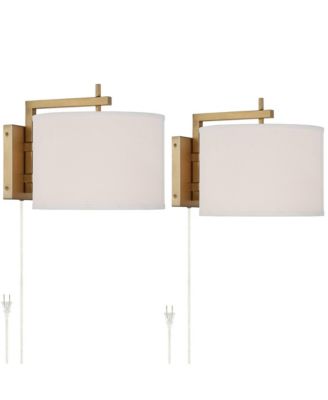 Adair Mid Century Modern Wall Lamps Set of 2 Smart Sockets Warm Brass Plug-In 12" Fixture Linen Drum Shades for Bedroom