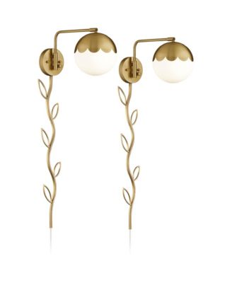Kelowna Modern Swing Arm Wall Lamps Set of 2 with Cord Cover Brass Plug-in Light Fixture Glass Globe Shade for Bedroom Bedside Reading
