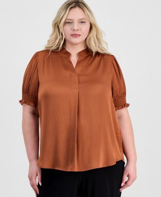 Plus Size Y-Neck Short Puff Sleeve Blouse