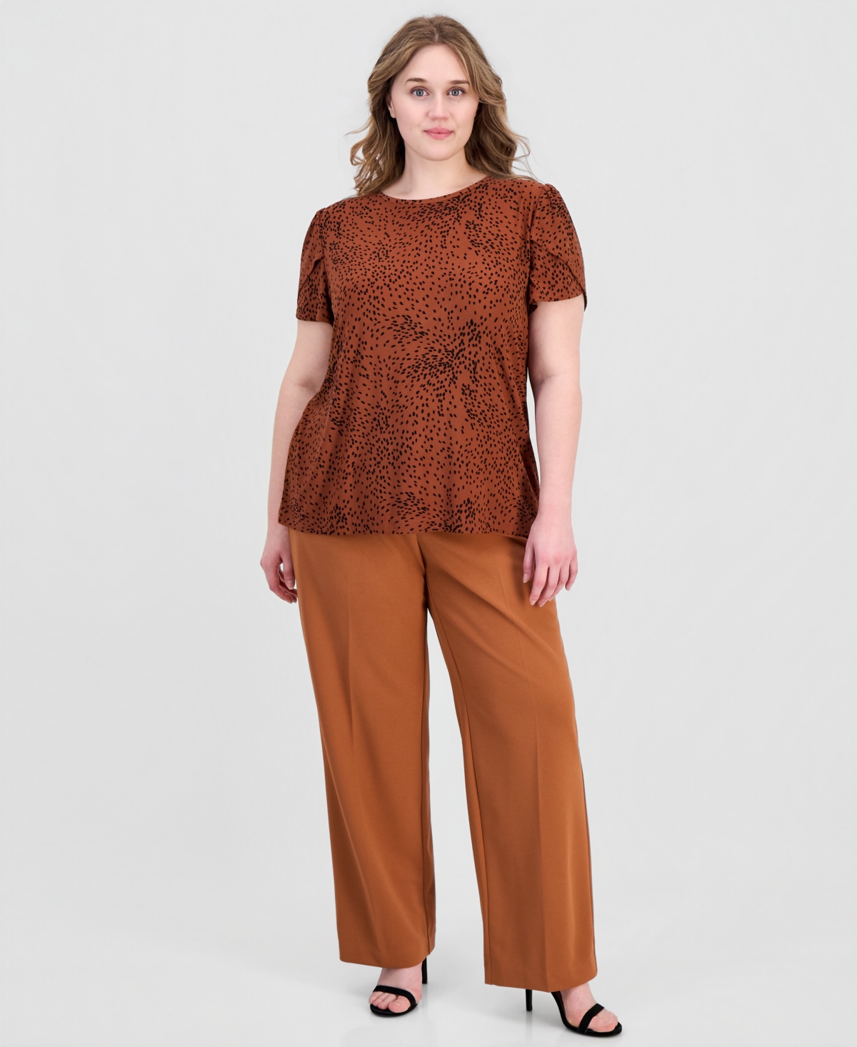 Anne Klein Essentials Plus Size Printed Tulip-Sleeve Top