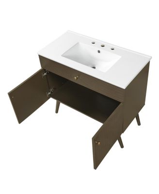 36 Inch Modern Freestanding Bathroom Vanity with Soft Close Doors, Striped Cabinet and Ceramic Sink for Luxury Storage