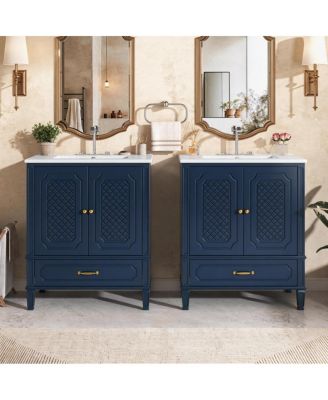 60 Inch Double Sink Bathroom Vanity, Freestanding Vintage Cabinet, Acacia Wood and MDF, Soft Close Doors, Ceramic Top, Ample Storage