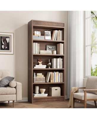 Tall Vintage 5-Tier Wooden Bookshelf with Double Fluted Design