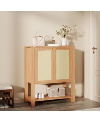 Rattan Shoe Cabinet for Entryway, Farmhouse Boho 5 Tier Shoe Rack Freestanding Wood Storage Cabinet with Adjustable Shelves