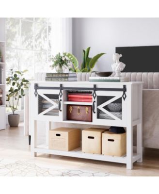farmhouse entryway table with sliding barn doors, rustic industrial console with storage and open shelf for hallway or living room.