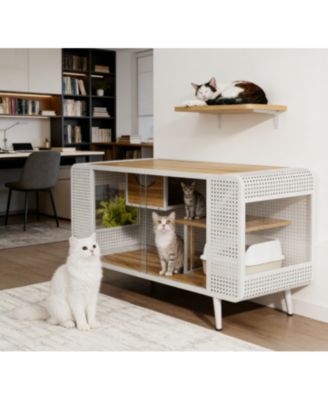 Zeus and Ruta 55.12" Spacious Glass Cat House with Tempered Glass for Living Room, Hallway, Study and Home