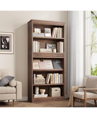 Vintage 5-Tier Wooden Bookshelf, Double Fluted Design Tall Bookcase