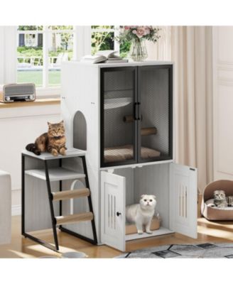 Cat Litter Box Furniture, 2 Tier Enclosed Litter Box Furniture with Doors, Hidden Storage and Ladder
