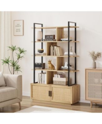  Industrial 5-Tier Rattan Bookcase with Storage Cabinet and Door, Metal Frame
