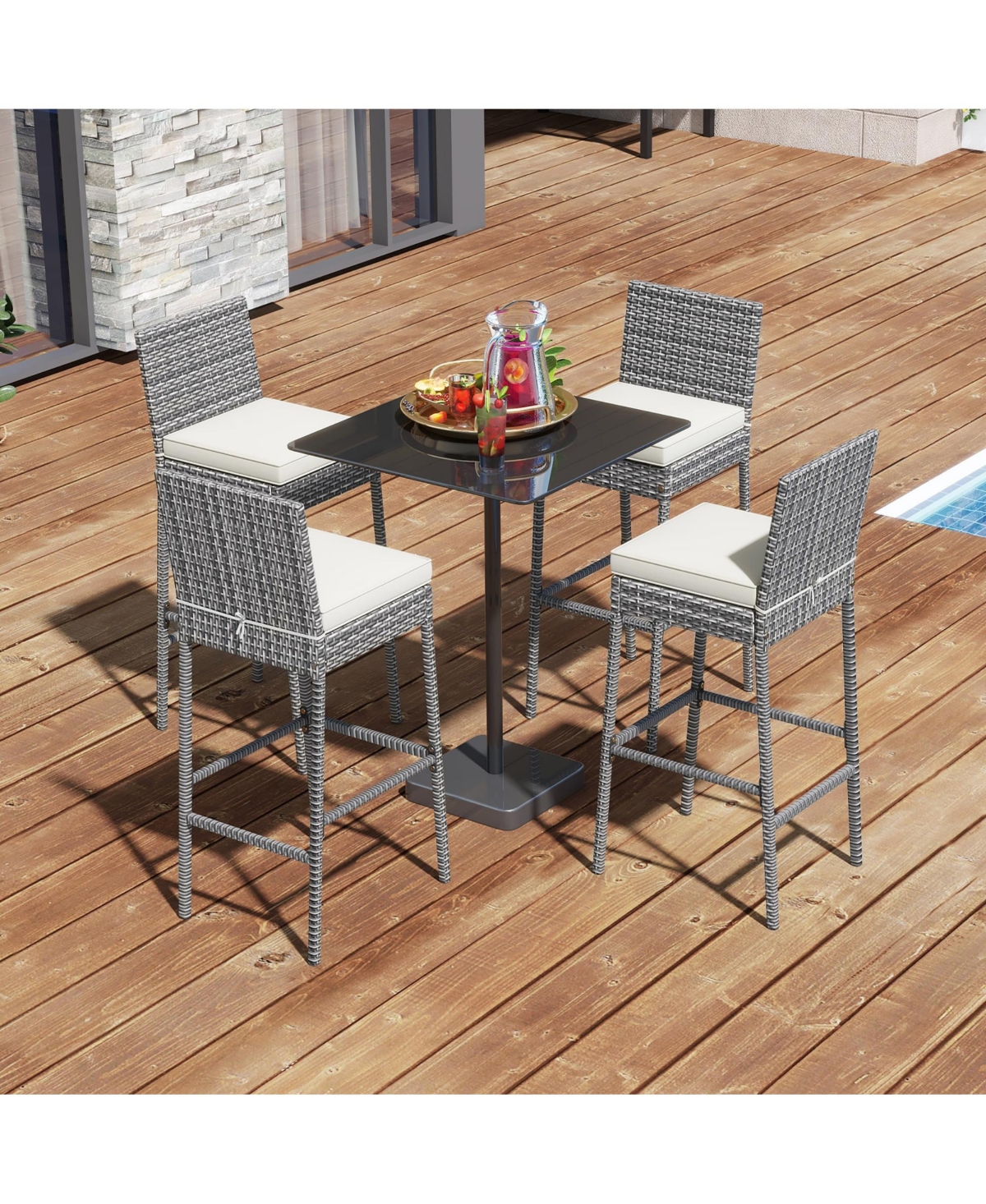 Gymax 4 Pcs Patio Wicker Barstools Bar Height Chairs W/ Cushions Backyard