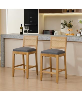 Seat Solid Wood Rattan Back Bar Stools, Linen Cushion, Set of 2