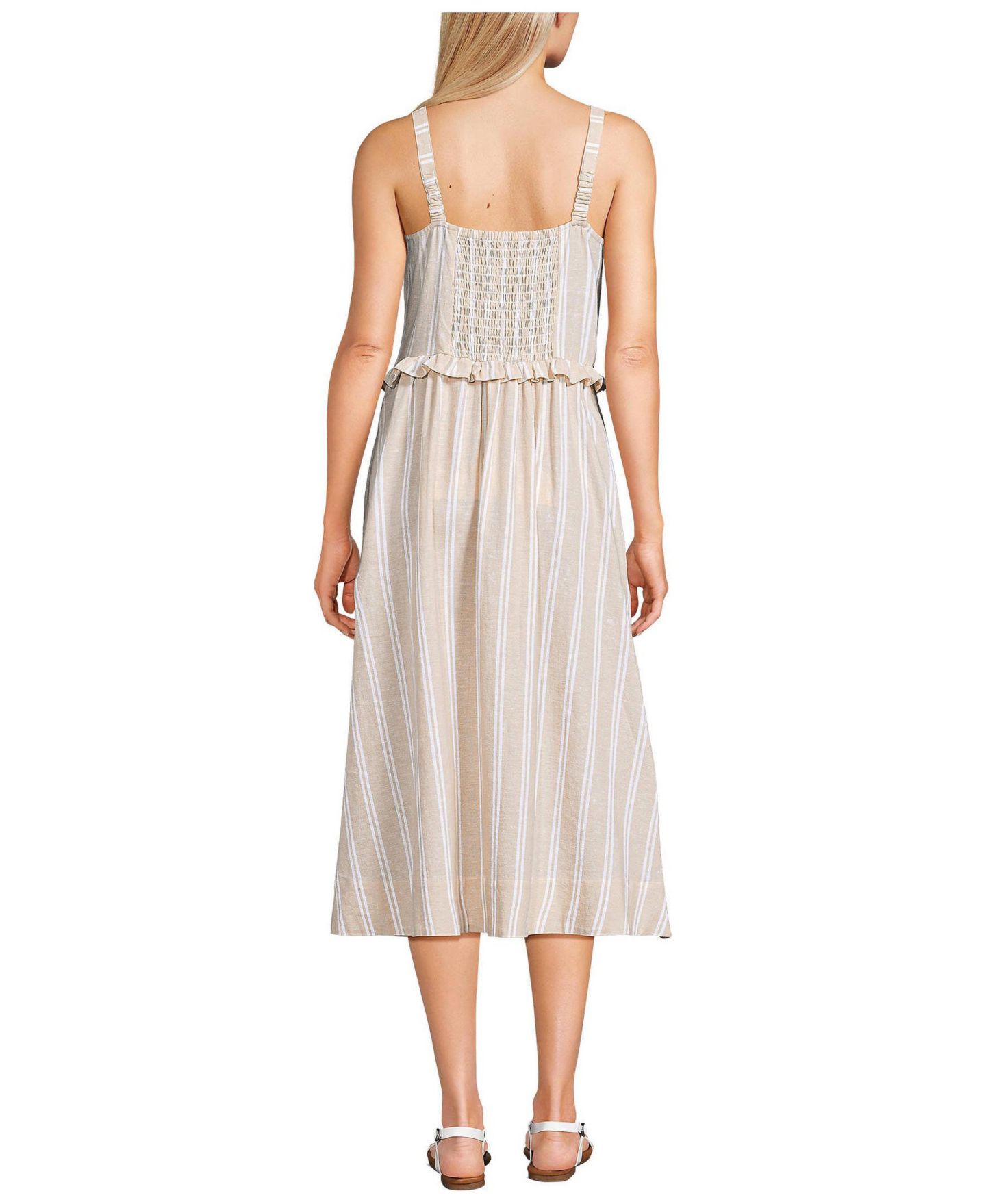 Женское платье Lands' End Linen Blend Pintuck Tank Midi, цвет: Шампань / Белый полосатый — фото 2