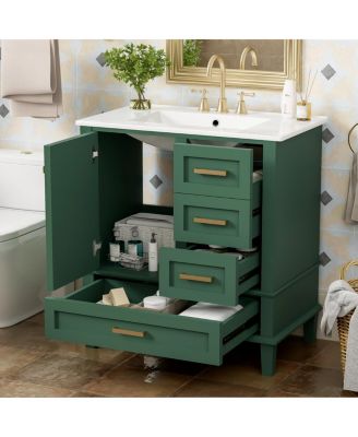 Sage Green Bathroom Vanity with Ceramic Sink, Freestanding Solid Wood MDF Cabinet, 3 Drawers Soft Close Door for Small Bathrooms