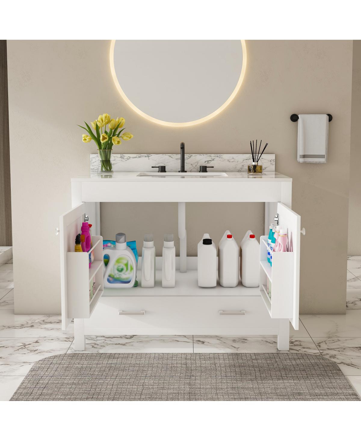 Sillysis Bathroom Vanity with Sintered Stone Carrara Top, Large Storage Drawer and Soft Close Doors