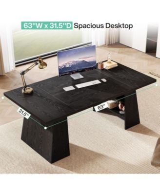 63-Inch Executive Desk, Modern Desk with Double Pedestal and Storage Shelves, Simple Large Computer Writing Table