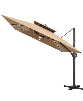 Outdoor Patio 11x11FT Aluminum Double Canopy Solar Lights Cantilever Umbrella