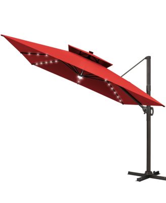 Outdoor Patio 11x11FT Aluminum Double Canopy Solar Lights Cantilever Umbrella