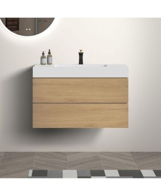 Walnut Floating Bathroom Vanity with Double Soft Close Drawers, Handle-Free Design and Large Storage for Modern Bathrooms