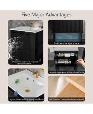 24" Bathroom Vanity with Sink, Floor Standing or Wall Mounted, Large Storage Waterproof Cabinet for Small Bathroom