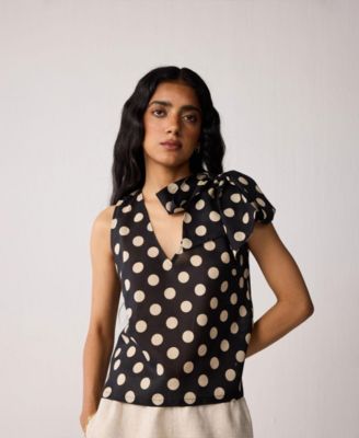 Women's Regular V-Neck Polka Dot Top with Bow Detail