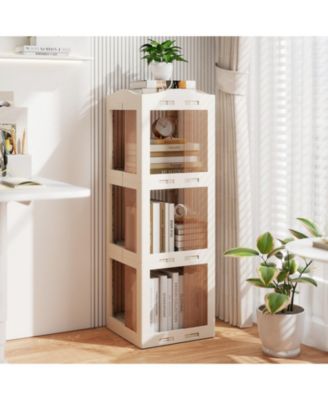 3-Tier Foldable Rotating Bookshelf with Swivel Base and Translucent Panels