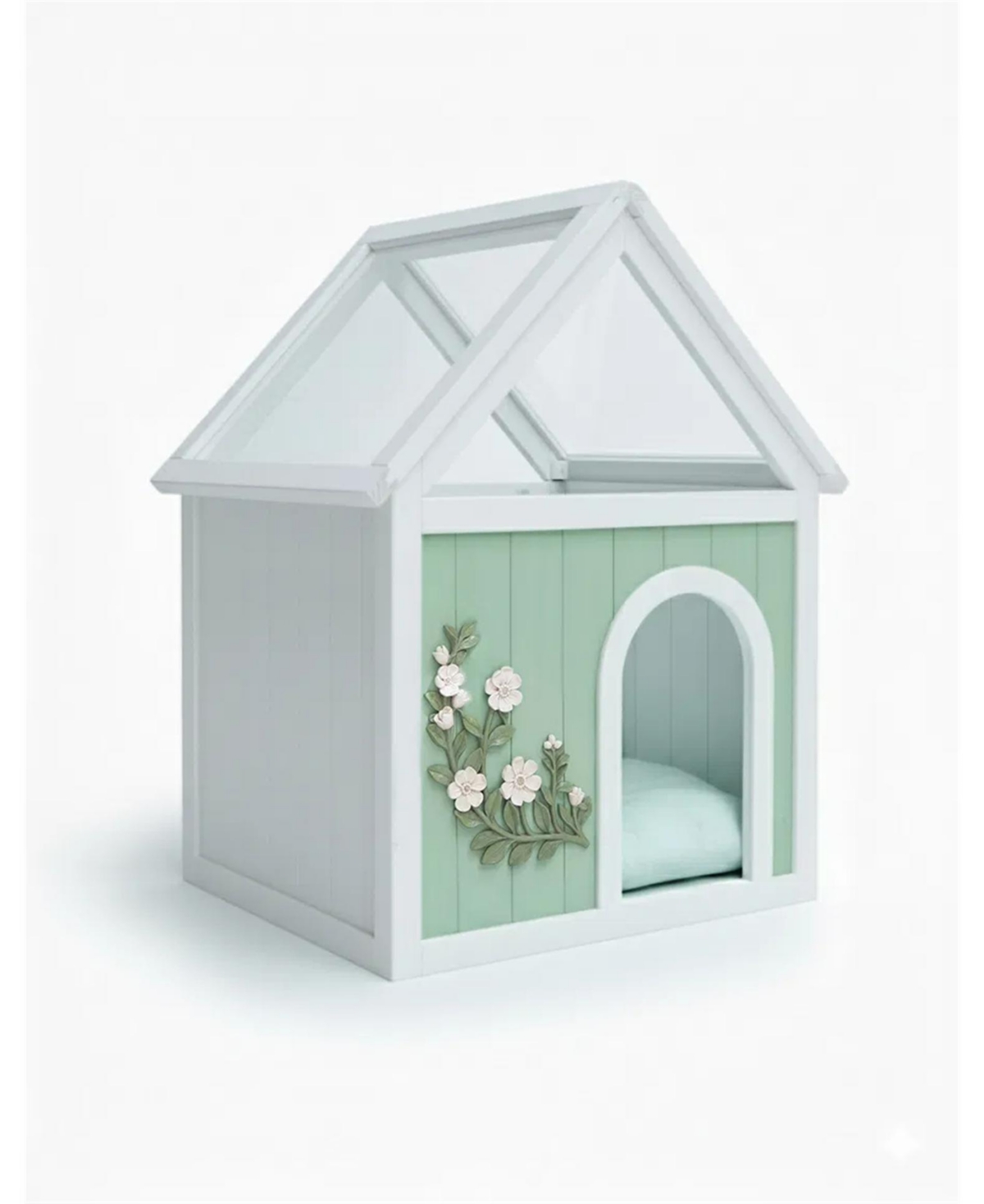 Zeus and Ruta Fsc Cedar Pet House Transparent Roof Floral Carvings Indoor Cat Dog Shelter