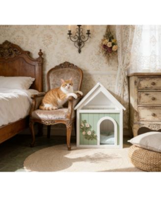 Zeus and Ruta FSC Cedar Pet House Transparent Roof Floral Carvings Indoor Cat Dog Shelter
