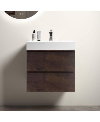24" Modern Walnut Floating Bathroom Vanity with Sink, Wall Mounted Design with Large Storage, Pre Assembled, No Faucet