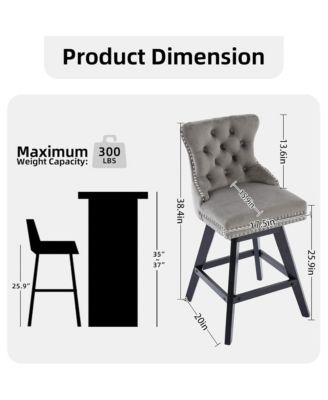 Velvet Bar Stools Set of 2 - Modern Swivel Counter Height Chairs with Button Tufted and Nailhead Trim for Home Pub, Kitchen Island