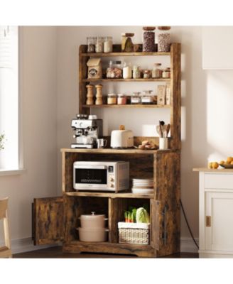 baker s rack with storage cabinet, microwave stand with power outlets, farmhouse pantry with thick tabletop, compact kitchen hutch.