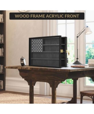 Challenge Coin Display Case,4-Row Wooden Challenge Coin Holder Display with Double-Groove Shelves,Lock&Acrylic Door for Military Medals, Casino