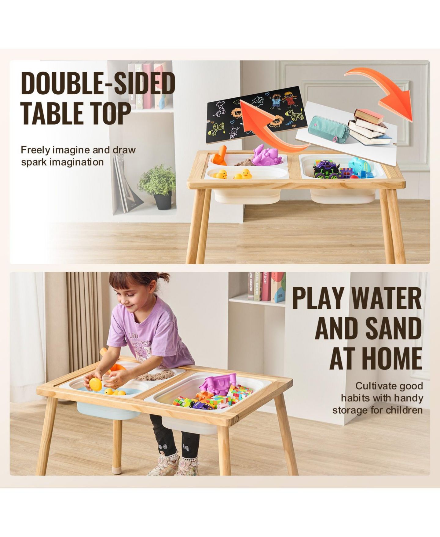 Детская игрушка Mecale Kids Sensory Table, 3 Foldable Storage Bins, Double-Sided Board, Indoor/Outdoor Sand and Water Play, Wooden — фото 5