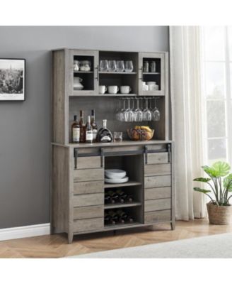 farmhouse bar cabinet with sliding barn door, 70'' rustic buffet cabinet with storage shelves, liquor cabinet with wine and glass racks.