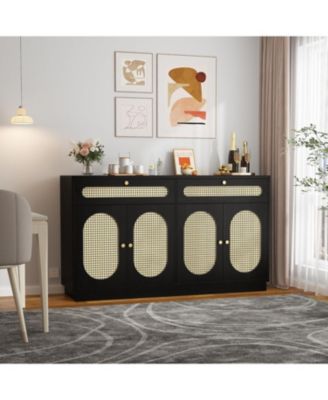 60" Rattan Sideboard Cabinet with 2 Drawers and 4 Doors, Adjustable Shelves Buffet Cabinet