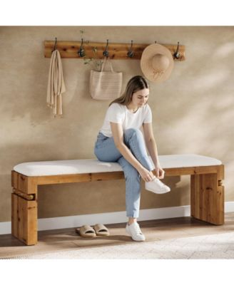 55.1" Wide Upholstered Bench, Solid Wood Bedroom Bench with Boucle Cushion, Modern Entryway Bench