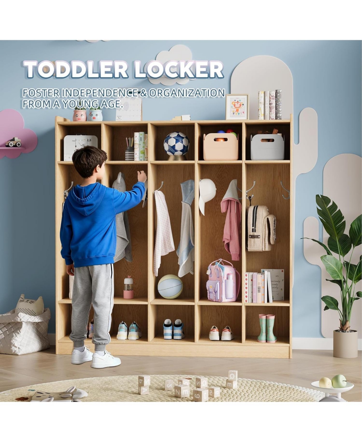 gaomon 5-Section Classroom Coat Locker with 10 Cubbies, Daycare Cubby Storage Organizer Hooks for Home, School, Nursery, Kindergarten