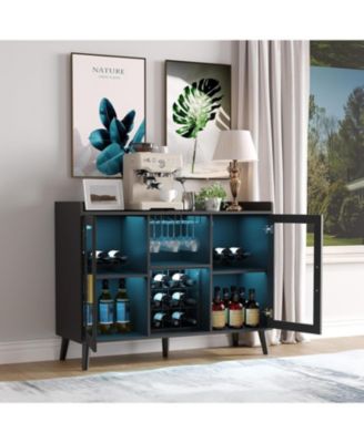Modern Wood Wine Bar Cabinet with LED Light, Glass Holder, Doors And Wine Racks