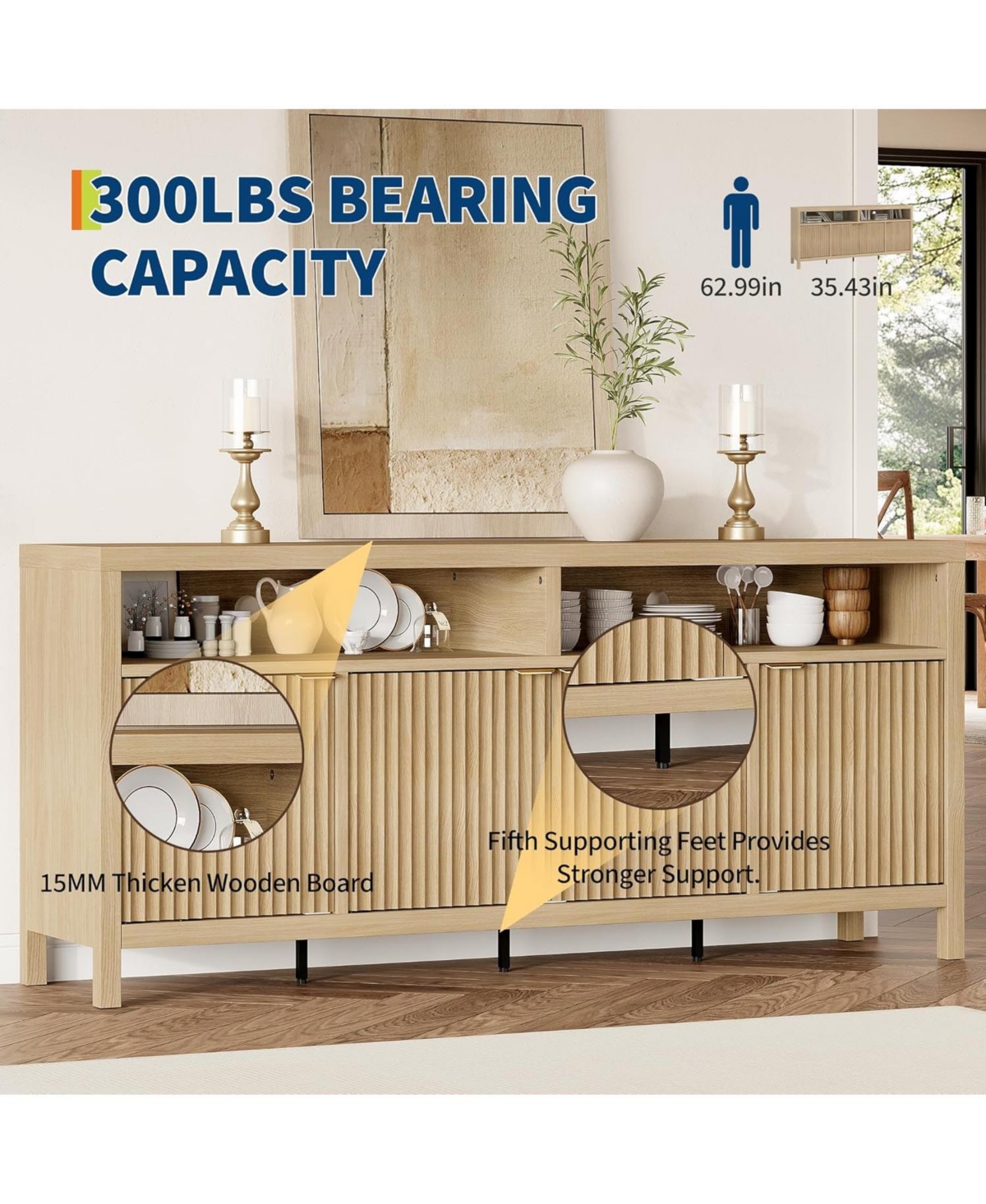 gaomon Fluted Storage Cabinet 65.8" Adjustable 3-Tier, Modren Entryway Organizer with Fluted Doors and Gold Handle, Waterproof Design for Kitchen