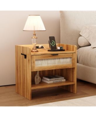 rattan bedside nightstand with 1 drawer, modern storage cabinet with charging station, ideal bedroom organizer.