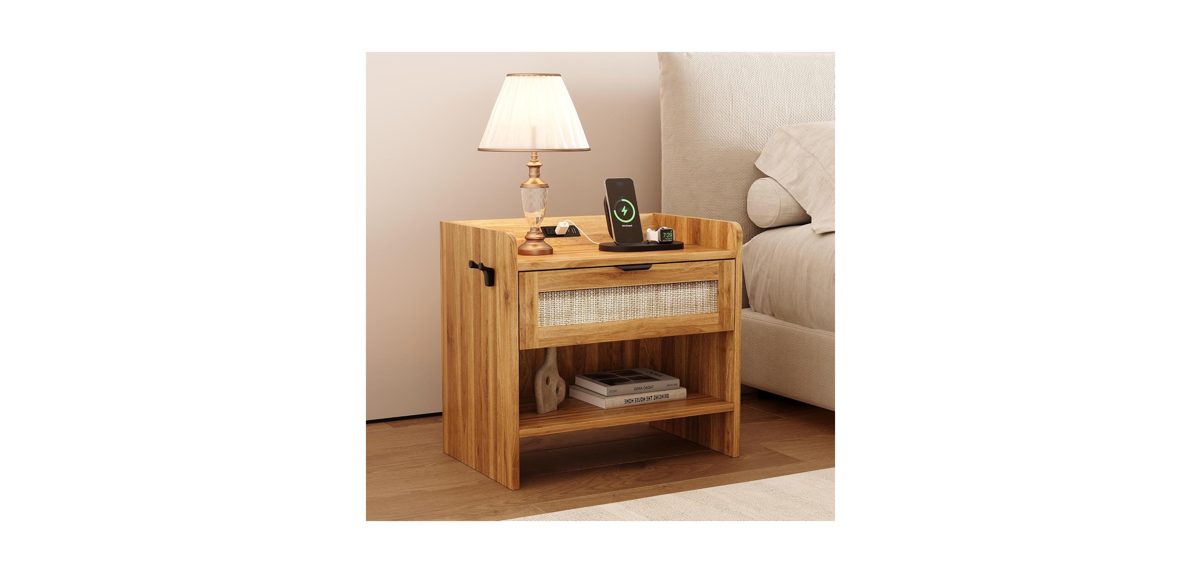 gaomon rattan bedside nightstand with 1 drawer, modern storage cabinet charging station, ideal bedroom organizer.