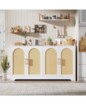 Sideboard Buffet Cabinet - Large Credenza Storage with 4 Rattan Doors, Modern Console Table Accent Coffee Bar Cabinet for Living Room