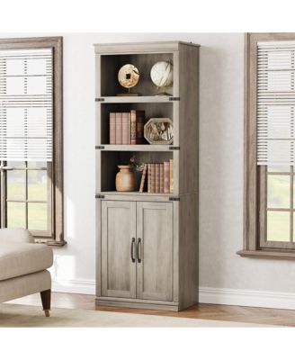 68.7" Tall Farmhouse 5-Tier Wooden Bookcase with Cabinet and Storage Doors