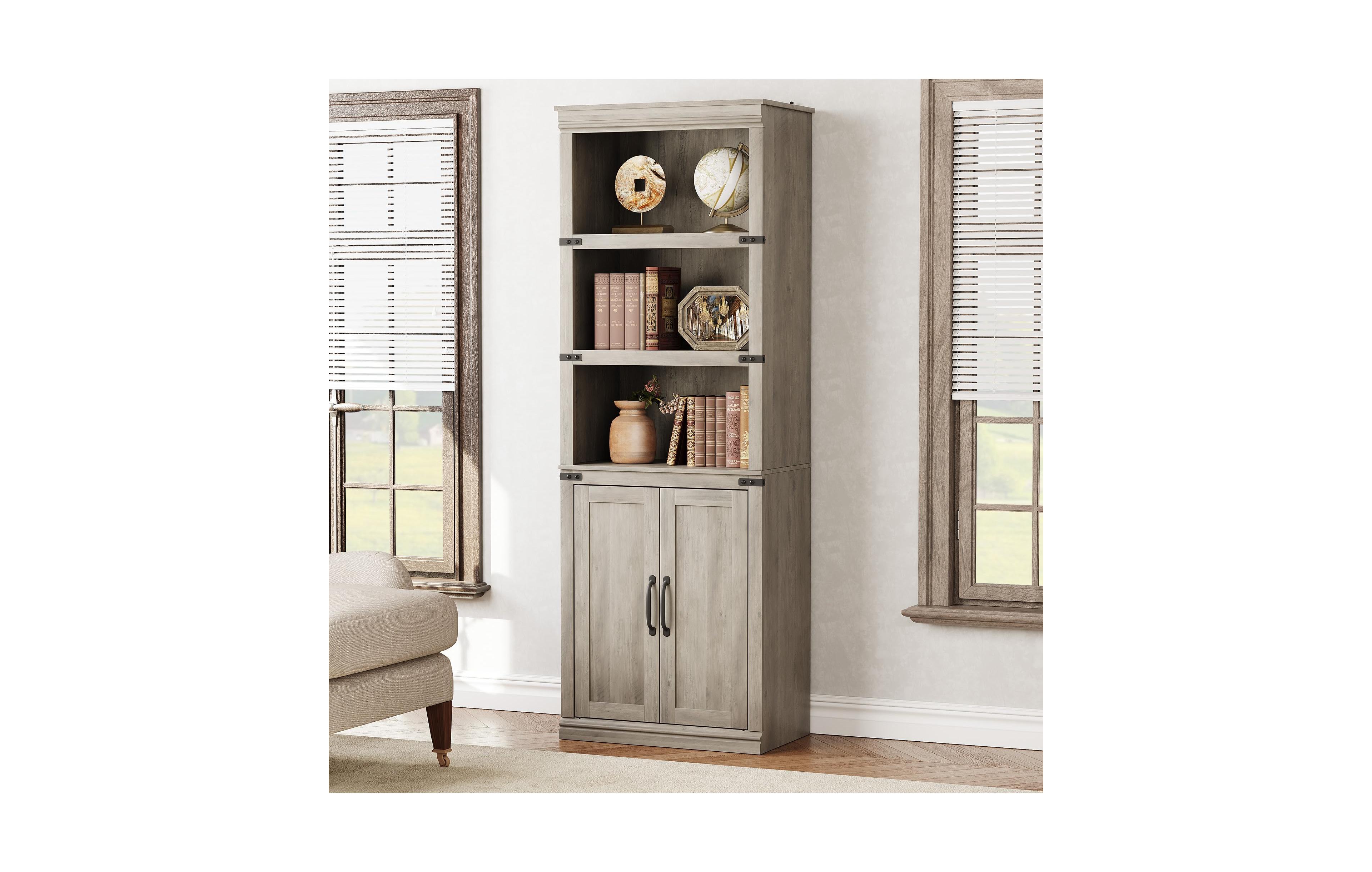 gaomon 68.7" Tall Farmhouse 5-Tier Wooden Bookcase with Cabinet and Storage Doors