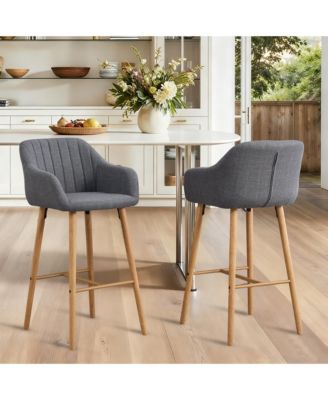 Tall Bar Stools Set of 2 - Linen Fabric Upholstered Counter Height Chairs with Back, Footrest and Solid Wood Legs for Kitchen Island