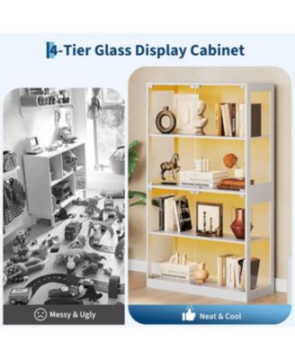 Glass Display Cabinet 4-Tier, Curio Bookcase Cabinets with Glass Doors, 3 Color Lights, Human Body Sensor & Charging Ports, for Living Room